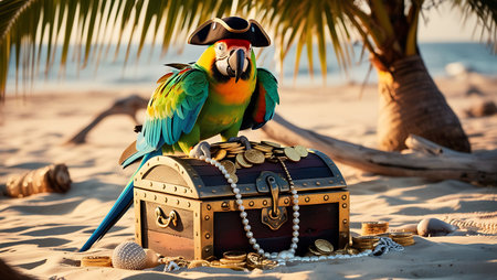 Parrot sitting on a treasure chest on a tropical beach near the seaの素材