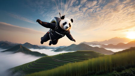 Panda skydiving in the sky over the rice terracesの素材