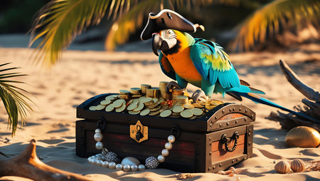 Pirate treasure chest with parrot and gold coins on the beachの素材