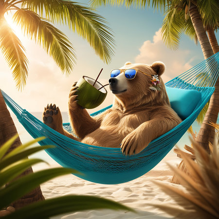 Cute cartoon bear relaxing in hammock on tropical beach. Summer vacation conceptの素材