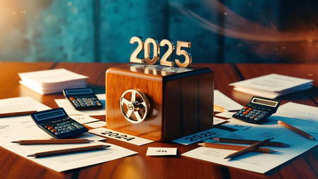 Happy New Year 2023. Wooden cube with numbers on a wooden table. 3D Renderingの素材