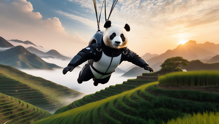 Panda paraglider landing on the top of the mountainの素材
