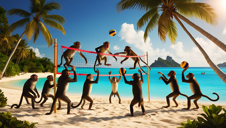 Group of monkeys playing volleyball on a tropical beach. 3d renderの素材