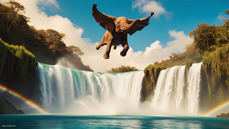 Elephant flying over waterfall with rainbow. 3D illustration. Fantasy.の素材