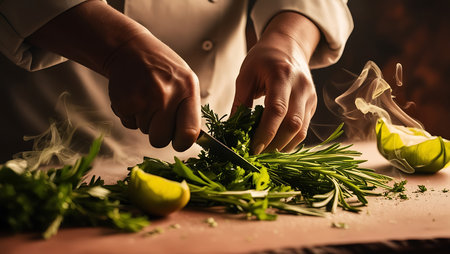 Chef cutting parsley on the kitchen table, close-upの素材