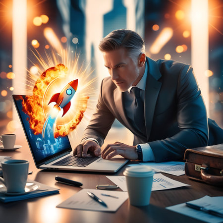 Unrecognizable businessman using laptop with burning rocket hologram. Toned imageの素材