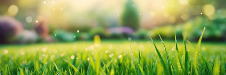 Green grass with dew drops and bokeh background. Bannerの素材