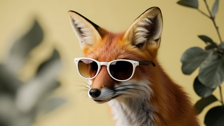 Portrait of a red fox wearing sunglasses and looking at the cameraの素材