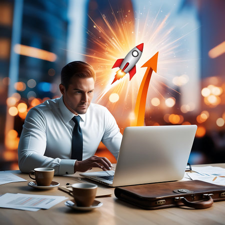 Businessman sitting at table with laptop and rocket flying above his headの素材