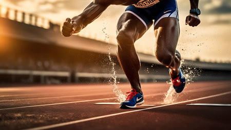 Athlete running on racetrack at sunset. Sport and healthy lifestyle concept.の素材