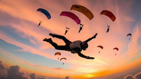Parachutist flying in the sunset sky. 3d renderの素材