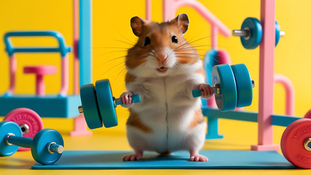 Funny hamster with dumbbells and scale on color backgroundの素材