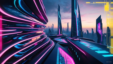 Futuristic city with neon lights, 3d rendering. Computer digital drawing.の素材