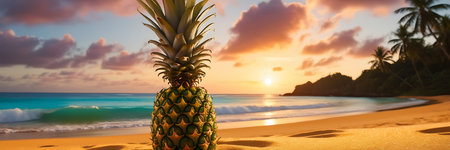 Pineapple on the tropical beach at sunset. Panorama.の素材