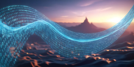 Digital binary code against the backdrop of a mountain silhouette. 3D renderingの素材