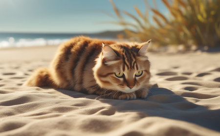 Cute cat lying on sand on beach. Lovely pet at sunsetの素材
