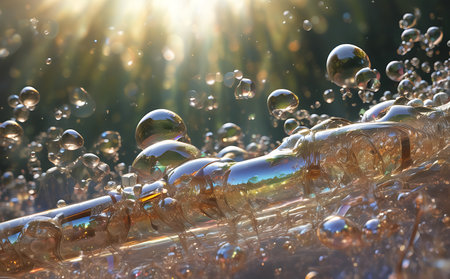 Bubbles in water with sunlight background. 3D illustration.の素材