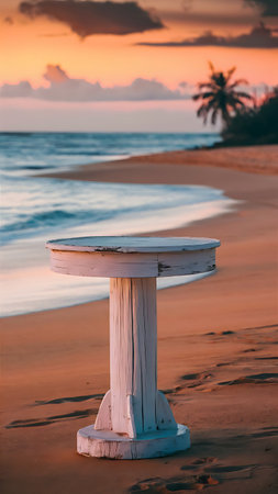 Wooden round table on the beach at sunset in Sri Lanka.の素材