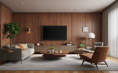 Interior of modern living room with brown wooden walls, wooden floor, comfortable brown sofas, coffee table and TV hanging above it. 3d renderingの素材