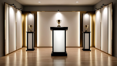 3d rendering of award ceremony podium in modern hall with golden lightsの素材