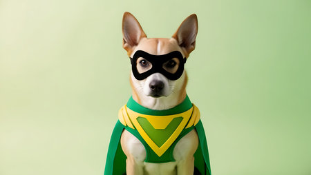 Funny dog dressed as superhero. Isolated on green background.の素材