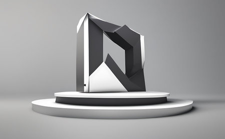 Podium with geometric shapes in gray background, 3d render illustrationの素材