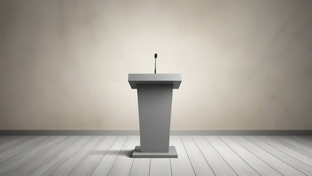 Podium with microphone in empty room. 3d render illustration.の素材