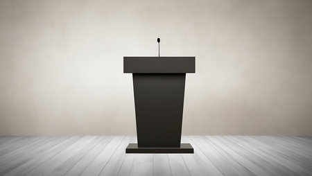 Speaker Podium on wooden floor. 3d render illustration.の素材
