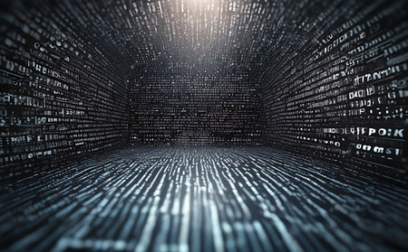 Binary code tunnel on a dark background. 3D Renderingの素材