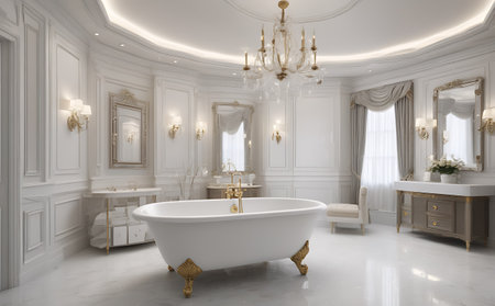 3d render of luxury bathroom with white walls, classic white bathtub and gold decorationの素材