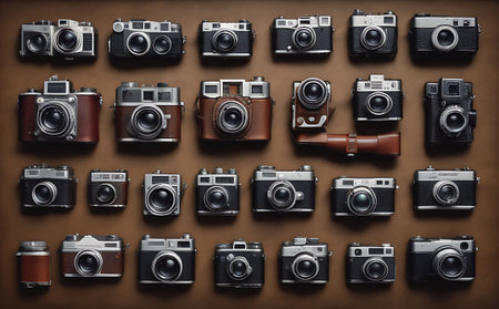 Retro camera collection on a brown background, top view, flat layの素材