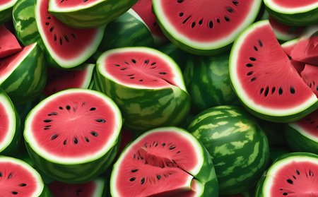 Fresh watermelon slices background. 3d rendering, 3d illustration.の素材