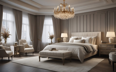 Luxury bedroom interior design in classic style. 3d renderの素材
