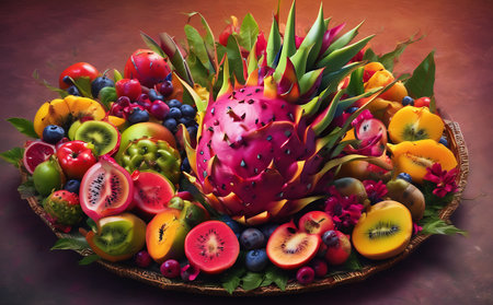 Fruit basket with dragon fruit, pineapple, kiwi, persimmon and other tropical fruitsの素材