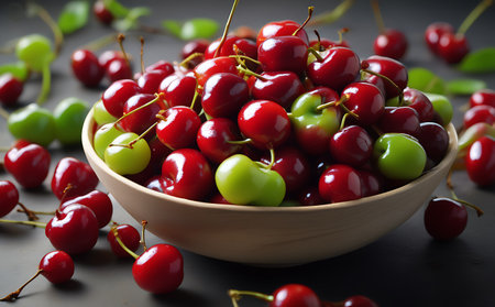 Cherries in a wooden bowl on a black background, selective focusの素材