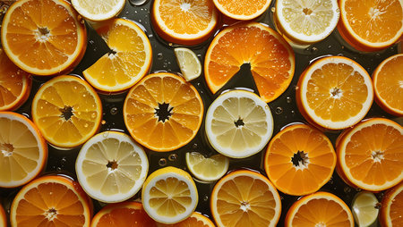 Slices of lemon and orange on a black background. Top view.の素材