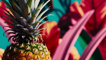 Pineapple on a colorful background with tropical leaves. Close-up.の素材