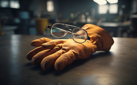 Glasses and gloves on the table in the factory. Selective focus.の素材