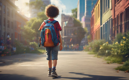 Little boy with a backpack in the city. Back to school.の素材