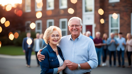 Portrait of a happy senior couple standing in front of school.の素材