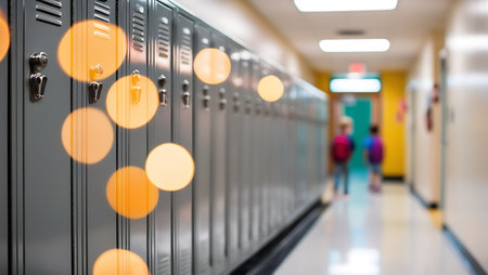 Locker room with blurred people walking in the background, shallow depth of fieldの素材