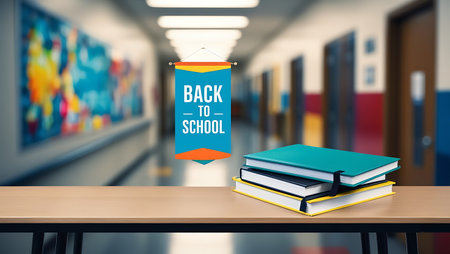 back to school concept with books on table in school corridor. 3d renderingの素材