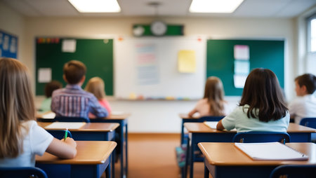 rear view of students writing in notebook while sitting at desks in classroomの素材