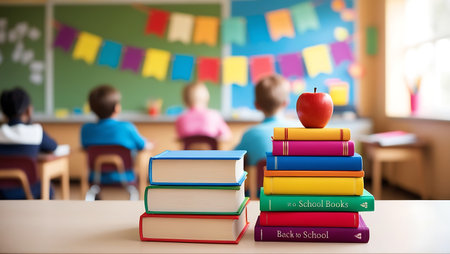 pile of books and apple on table in classroom at elementary schoolの素材