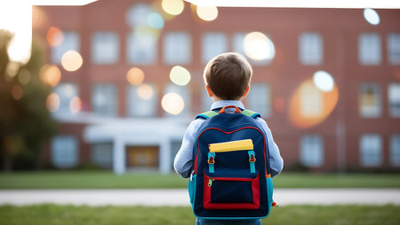 Back view of school boy with backpack standing in front of school buildingの素材