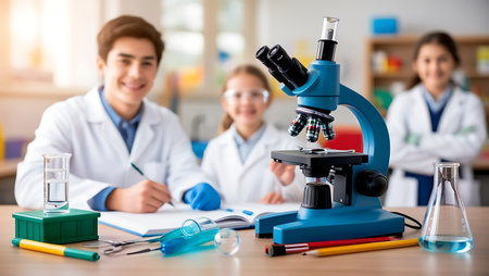 group of happy students or scientists working with microscope and test tubes in laboratoryの素材