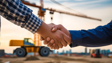 Close-up of engineer shaking hands with partner on construction site backgroundの素材