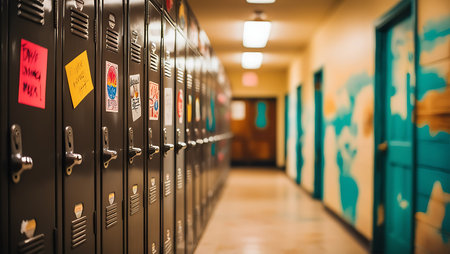 Lockers in a school corridor. Selective focus on lockers.の素材