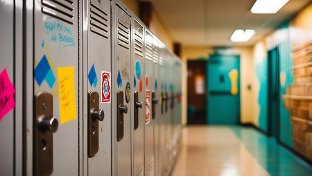 School lockers in a school corridor. Selective focus and shallow depth of field.の素材