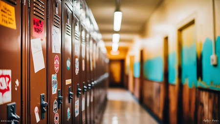 Row of lockers in a school corridor. Selective focus.の素材